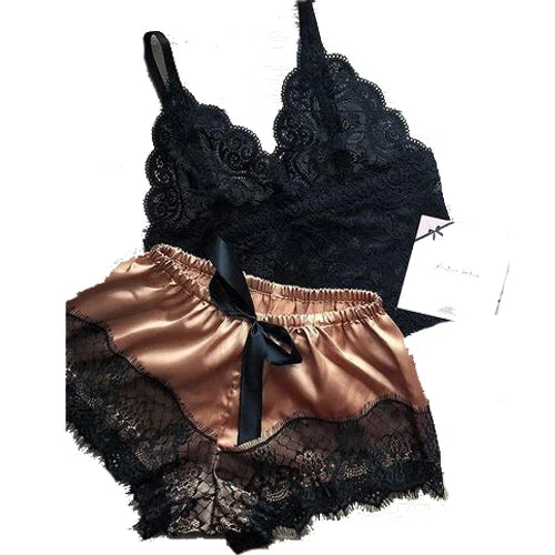 1 Set Women's Sexy Fashion Casual Lace Sleepwear Lingerie Tops Shorts Set Ladies Erotic Babydoll Pajamas Nightwear Underwear New - Chic Cart 