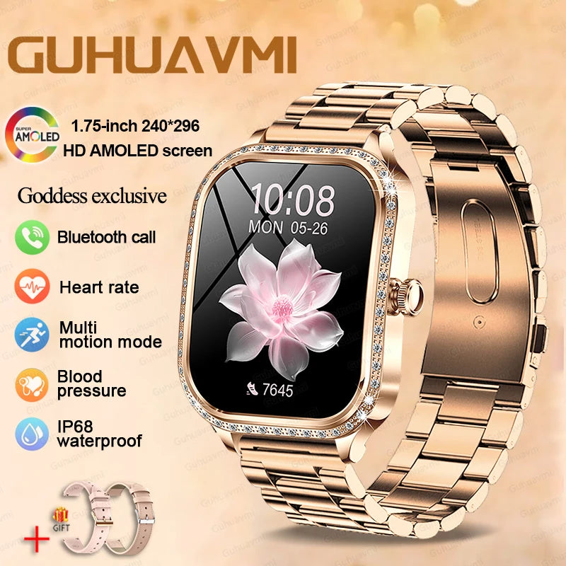 2025 New Women's Smart Watch Gold Steel Strip Inlaid Diamond 1.75-inch Curved Screen Bluetooth Call Health Monitoring Smartwatch - Chic Cart