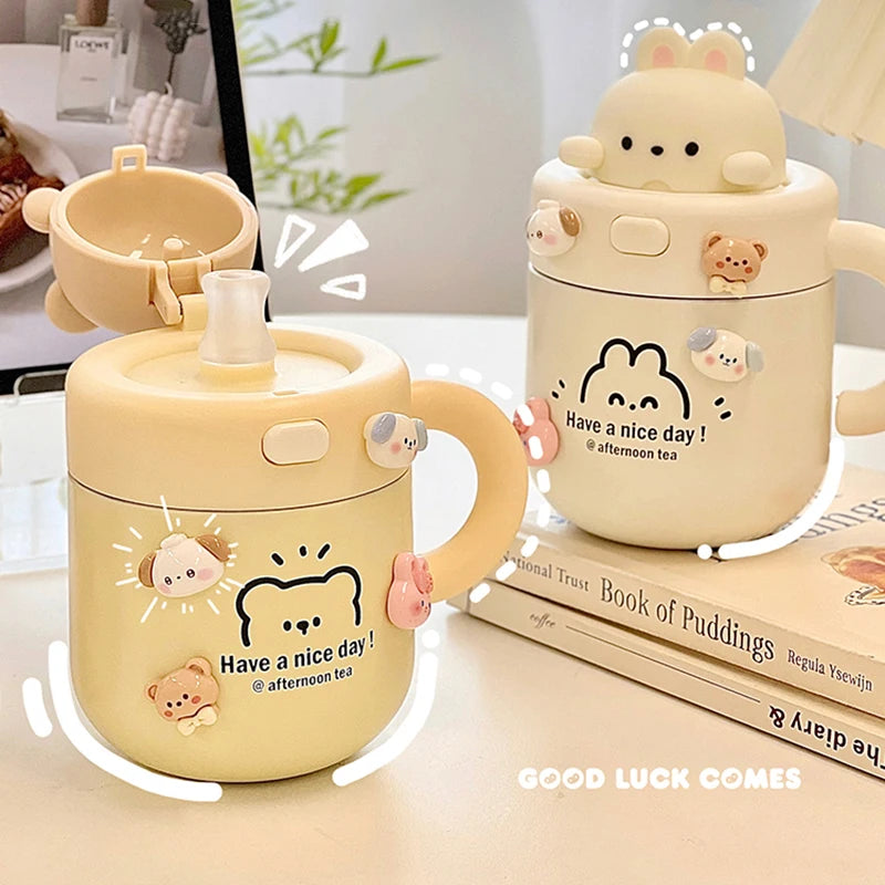 Kawaii Bear Thermal Mug Insulated Coffee Tumbler For Hot Cold Drinks Water Tea Large Thermos Stainless Steel Cup With Straw Lid - Chic Cart