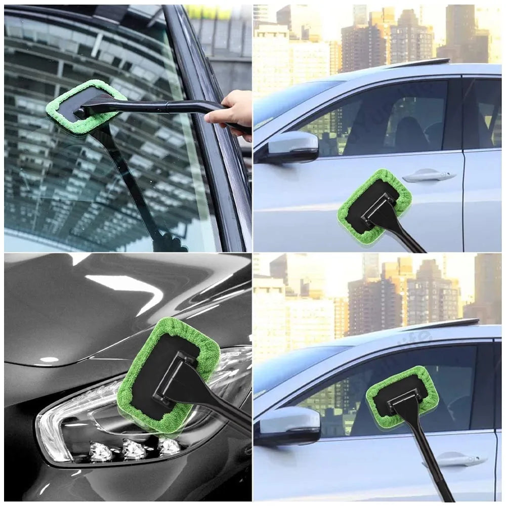 Car Window Cleaner Brush Kit Microfiber Windshield Cleaning Tool Auto Interior Glass Wash Wiper Long Handle Reusable Cloth Pad