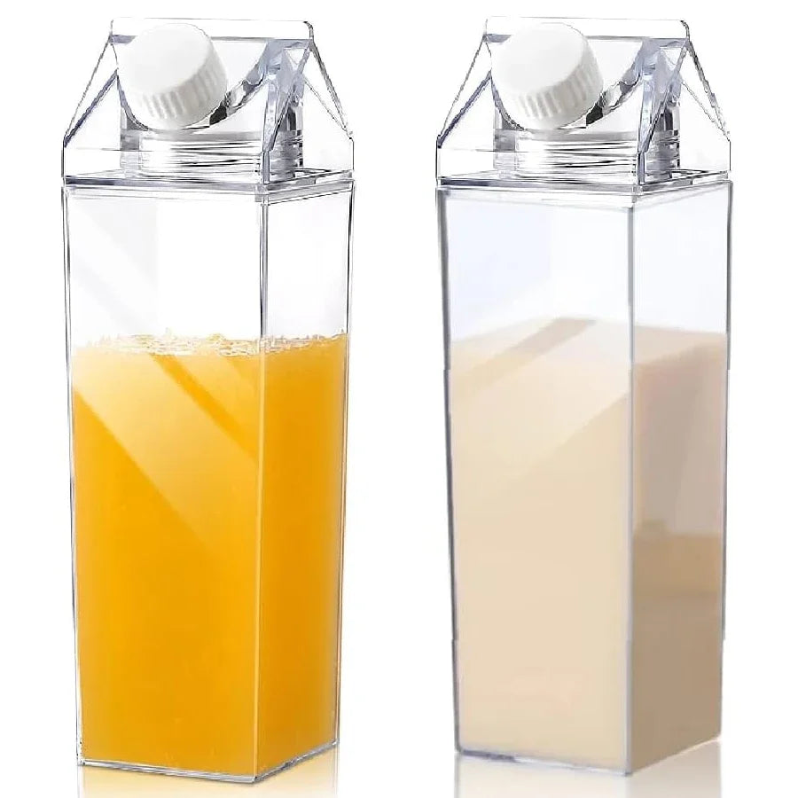 2pcs Milk Carton Water Bottle Transparent Plastic Square Milk Orange Juice Tea Container Box Sport Cup for Sports Travel Camping - Chic Cart