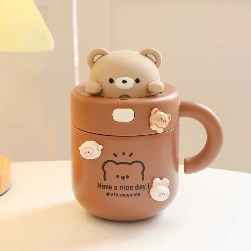 Kawaii Bear Thermal Mug Insulated Coffee Tumbler For Hot Cold Drinks Water Tea Large Thermos Stainless Steel Cup With Straw Lid - Chic Cart