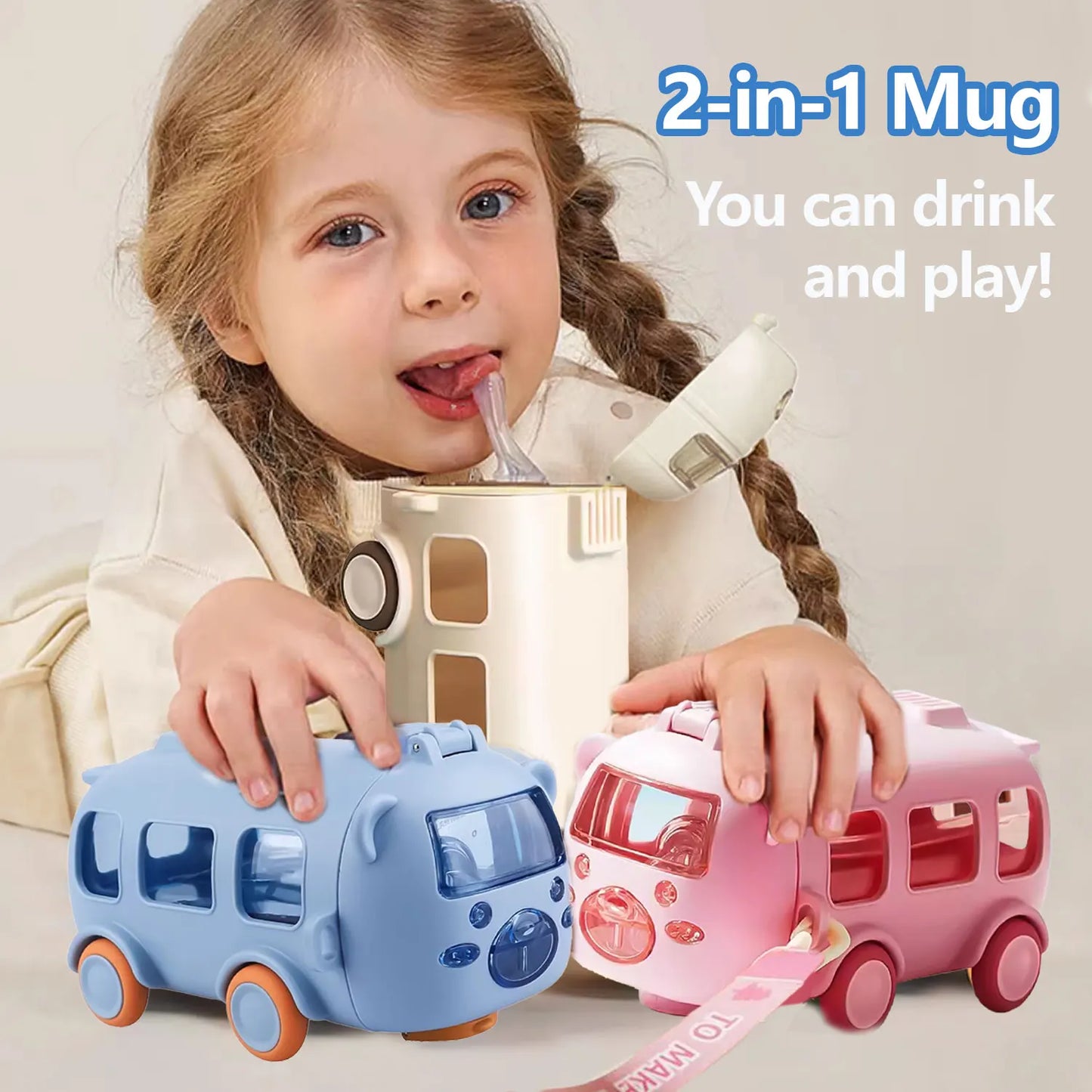 500ml Cute Bear Portable Water Bottle With Shoulder Strap Kid Car Straw Water Cup Bus Shape Children's Water Bottle Drinking Cup - Chic Cart