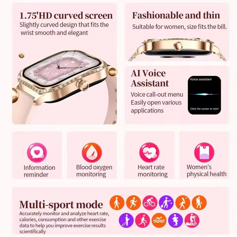 2025 New Women's Smart Watch Gold Steel Strip Inlaid Diamond 1.75-inch Curved Screen Bluetooth Call Health Monitoring Smartwatch - Chic Cart