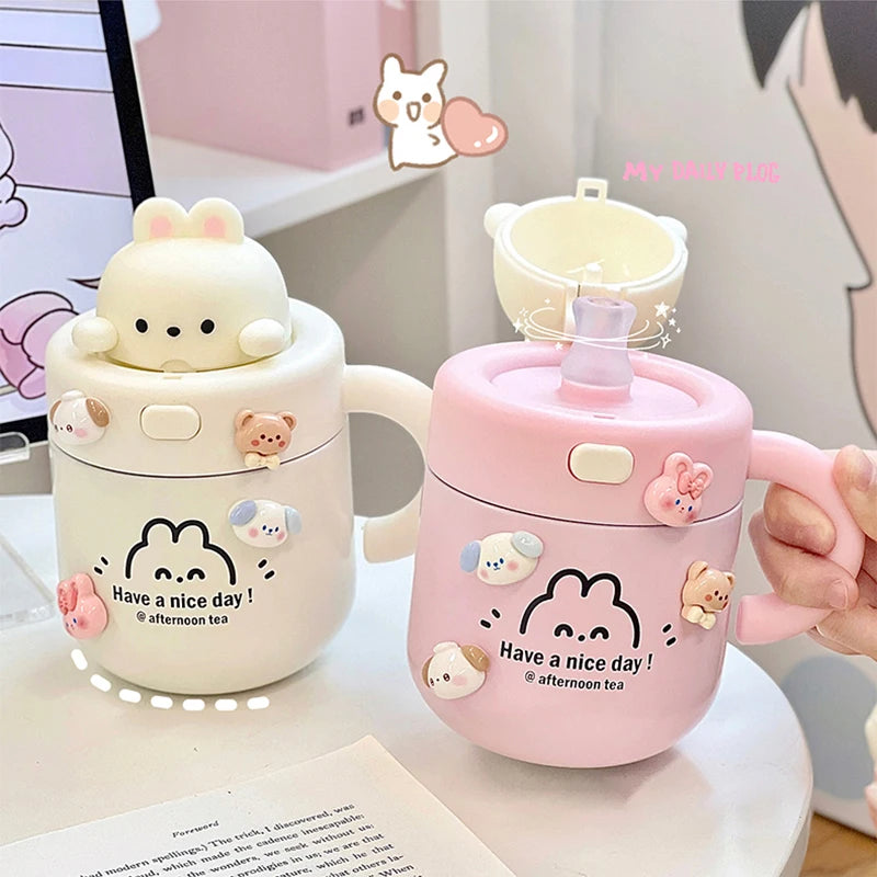 Kawaii Bear Thermal Mug Insulated Coffee Tumbler For Hot Cold Drinks Water Tea Large Thermos Stainless Steel Cup With Straw Lid - Chic Cart