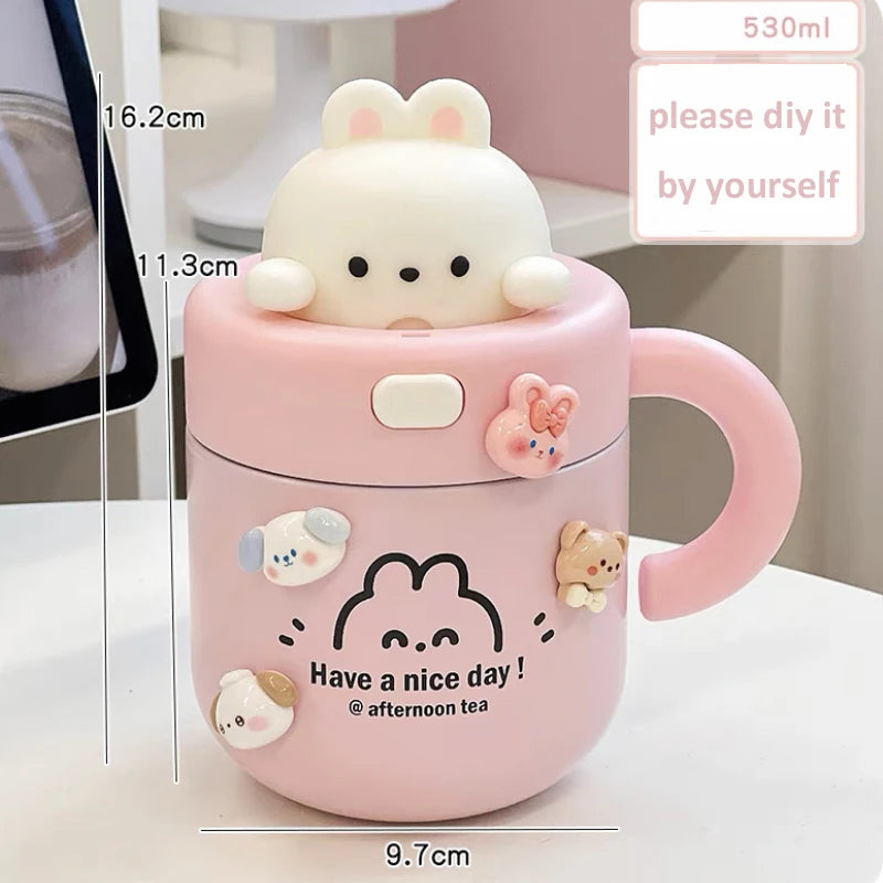 Kawaii Bear Thermal Mug Insulated Coffee Tumbler For Hot Cold Drinks Water Tea Large Thermos Stainless Steel Cup With Straw Lid - Chic Cart