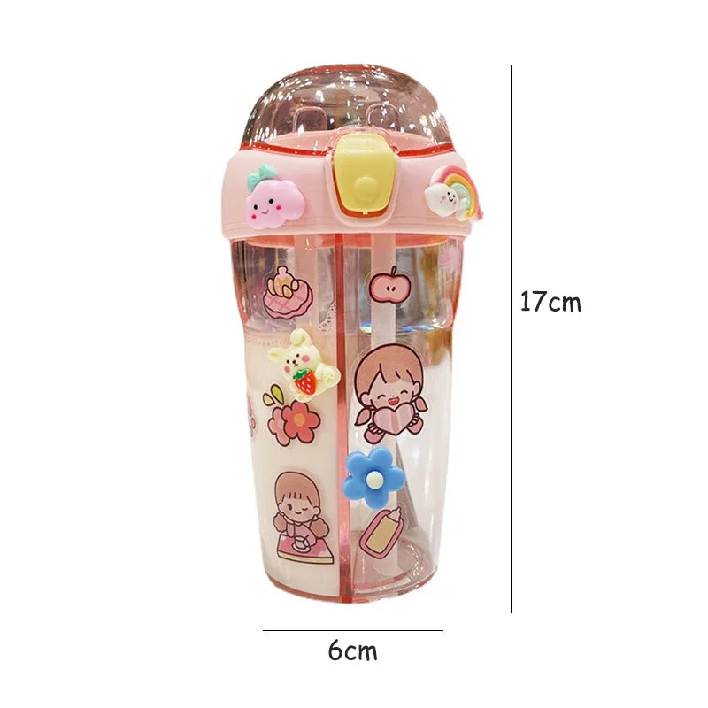 430ml Cute Children Double Drinking Water Bottle Straw Portable Bottle Student Couple Plastic Cup Gift School Kids - Chic Cart