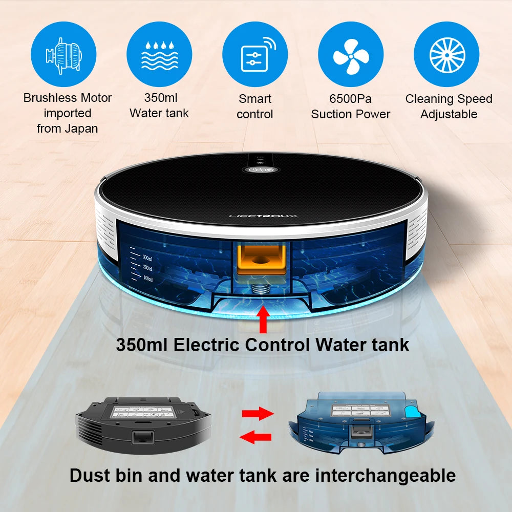 LIECTROUX/LILIN C30B Robot Vacuum Cleaner AI Map Navigation,Memory,Smart Partition,WiFi App,6000Pa Suction,Electric Water Tank - Chic Cart