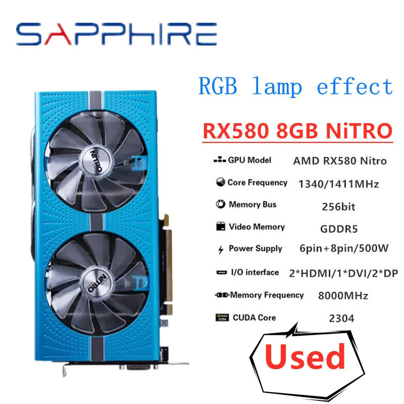 SAPPHIRE Original RX 580 8G NITRO  Graphic card RX 580 Game graphics card GDDR5 256bit RGB lamp effect  Function card 35% off - Chic Cart