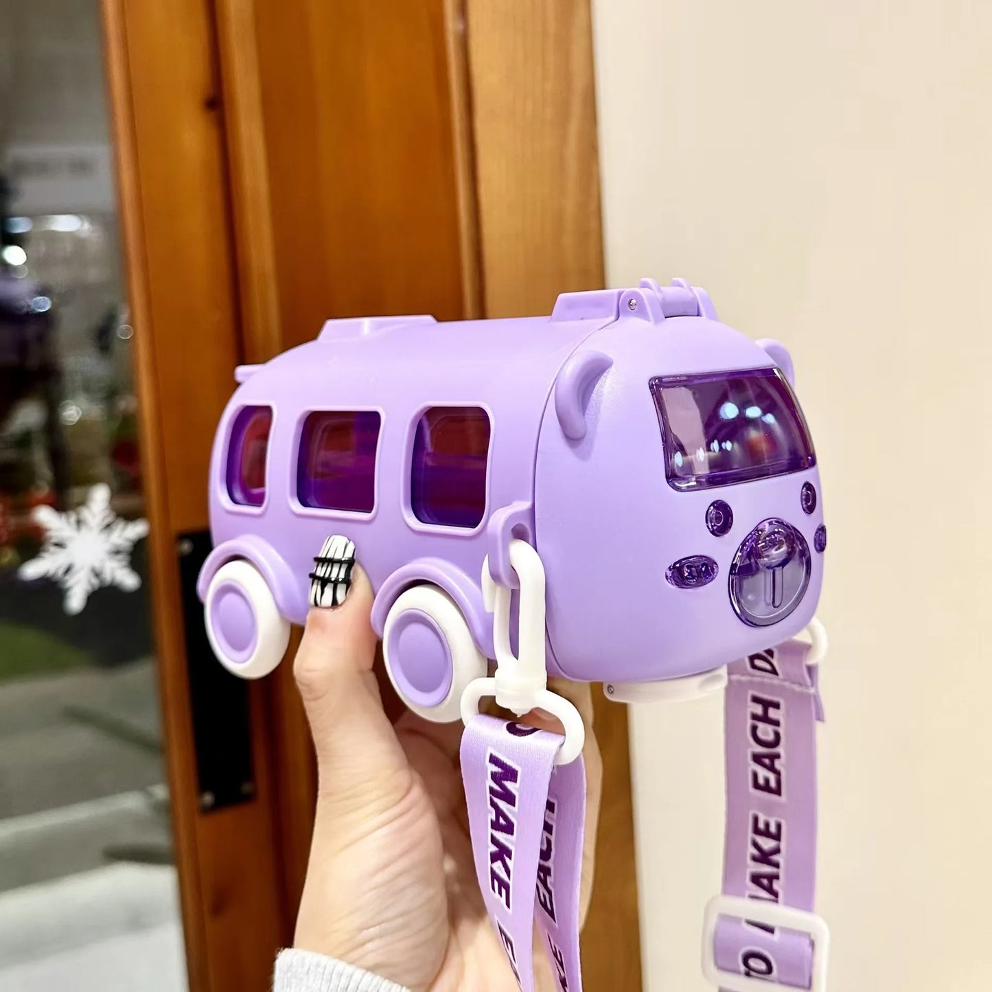 500ml Cute Bear Portable Water Bottle With Shoulder Strap Kid Car Straw Water Cup Bus Shape Children's Water Bottle Drinking Cup - Chic Cart