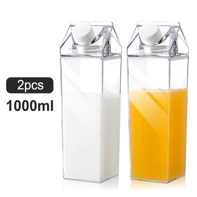 2pcs Milk Carton Water Bottle Transparent Plastic Square Milk Orange Juice Tea Container Box Sport Cup for Sports Travel Camping - Chic Cart