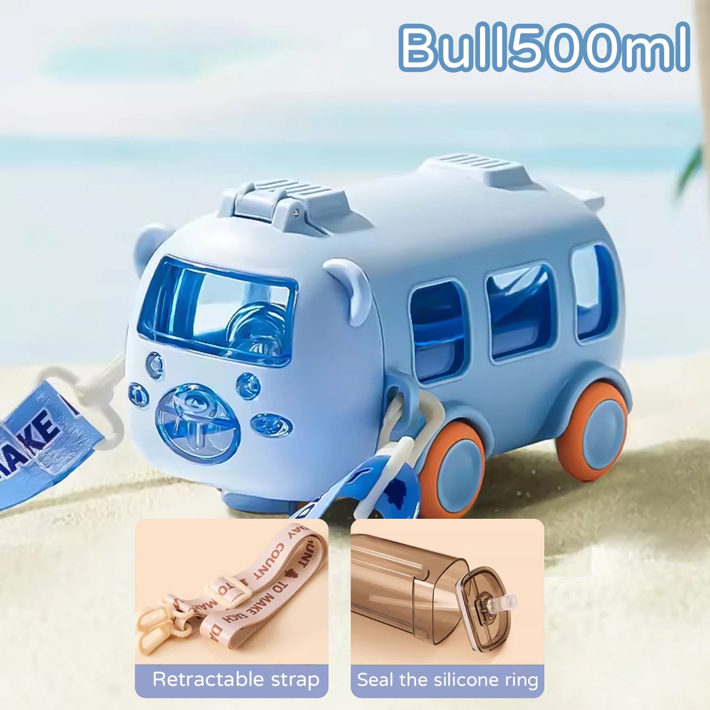 500ml Cute Bear Portable Water Bottle With Shoulder Strap Kid Car Straw Water Cup Bus Shape Children's Water Bottle Drinking Cup - Chic Cart