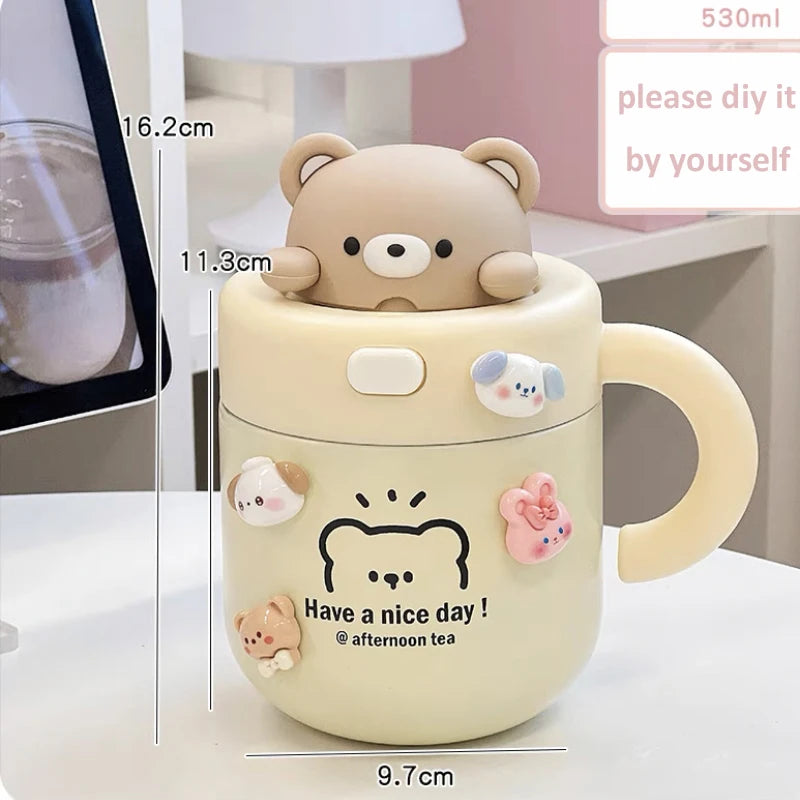 Kawaii Bear Thermal Mug Insulated Coffee Tumbler For Hot Cold Drinks Water Tea Large Thermos Stainless Steel Cup With Straw Lid - Chic Cart