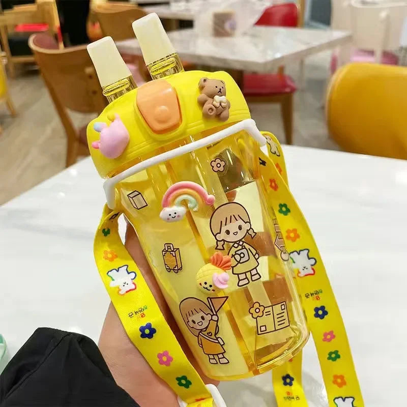 430ml Cute Children Double Drinking Water Bottle Straw Portable Bottle Student Couple Plastic Cup Gift School Kids - Chic Cart