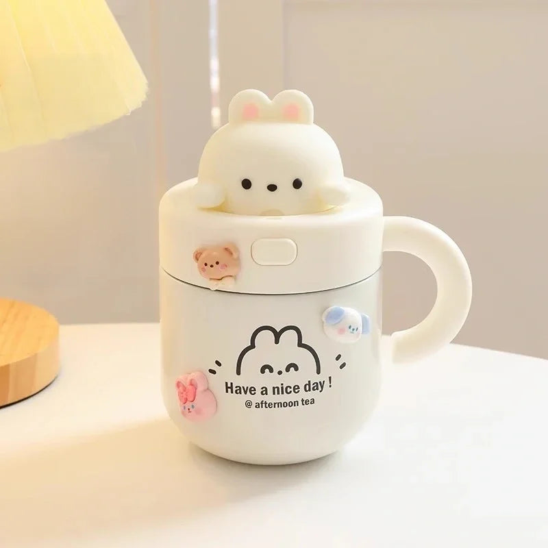 Kawaii Bear Thermal Mug Insulated Coffee Tumbler For Hot Cold Drinks Water Tea Large Thermos Stainless Steel Cup With Straw Lid - Chic Cart