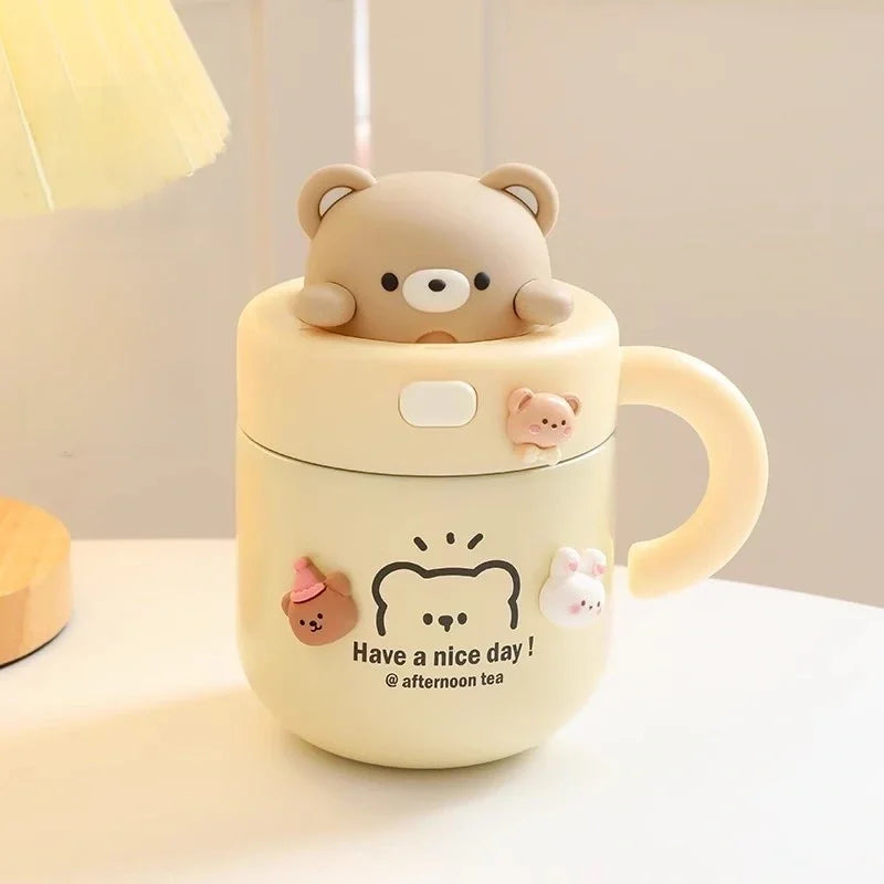 Kawaii Bear Thermal Mug Insulated Coffee Tumbler For Hot Cold Drinks Water Tea Large Thermos Stainless Steel Cup With Straw Lid - Chic Cart