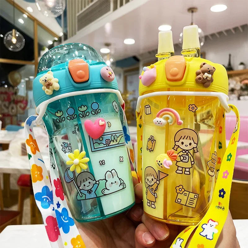 430ml Cute Children Double Drinking Water Bottle Straw Portable Bottle Student Couple Plastic Cup Gift School Kids - Chic Cart