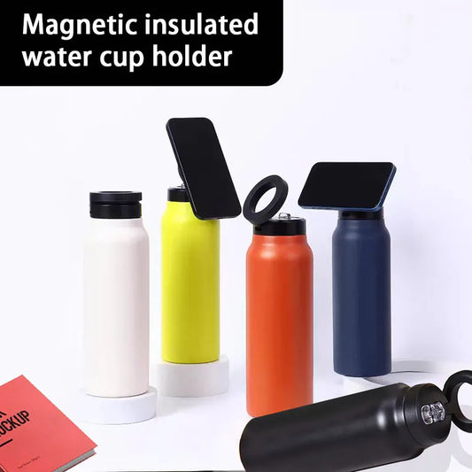 An insulated water bottle with magnetic cell phone holder, thickened portable outdoor sports/travel hydration heat preservation - Chic Cart