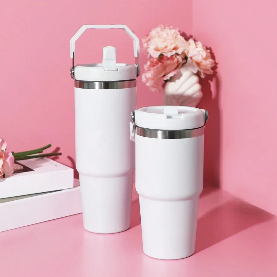 1pc Vacuum Tumbler with Lid Stainless Steel Portable Water Bottle with Dazzling Handle Insulated Tumbler Tote Handle 20/30OZ - Chic Cart