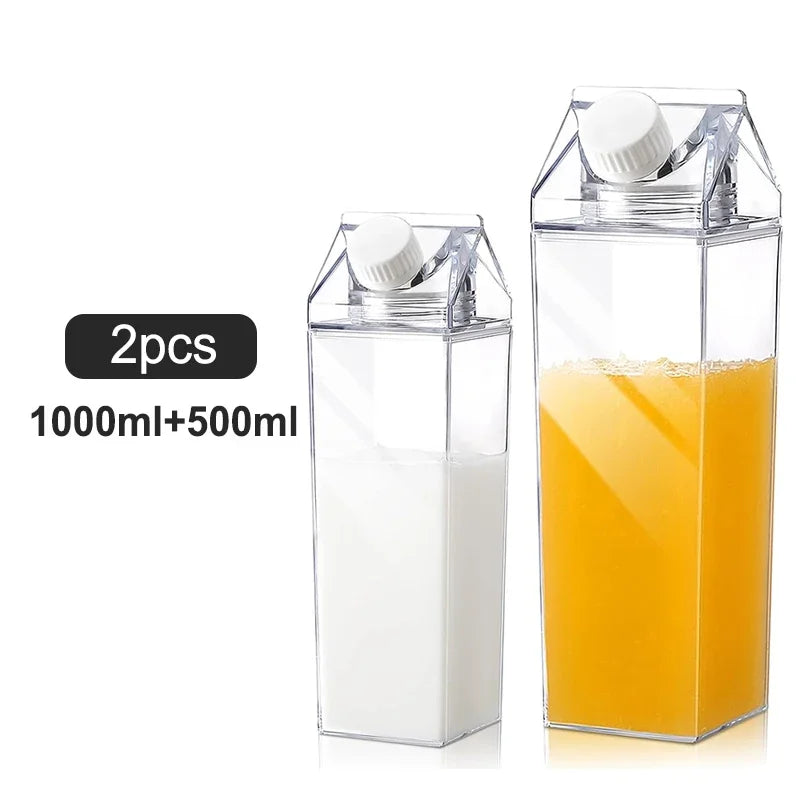 2pcs Milk Carton Water Bottle Transparent Plastic Square Milk Orange Juice Tea Container Box Sport Cup for Sports Travel Camping - Chic Cart