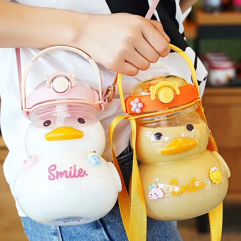 1000ML Cute Duck Water Bottle With Straw Kawaii Kids Water Bottles Large Capacity Plastic Straw Cup Drinking Bottle BPA Free - Chic Cart