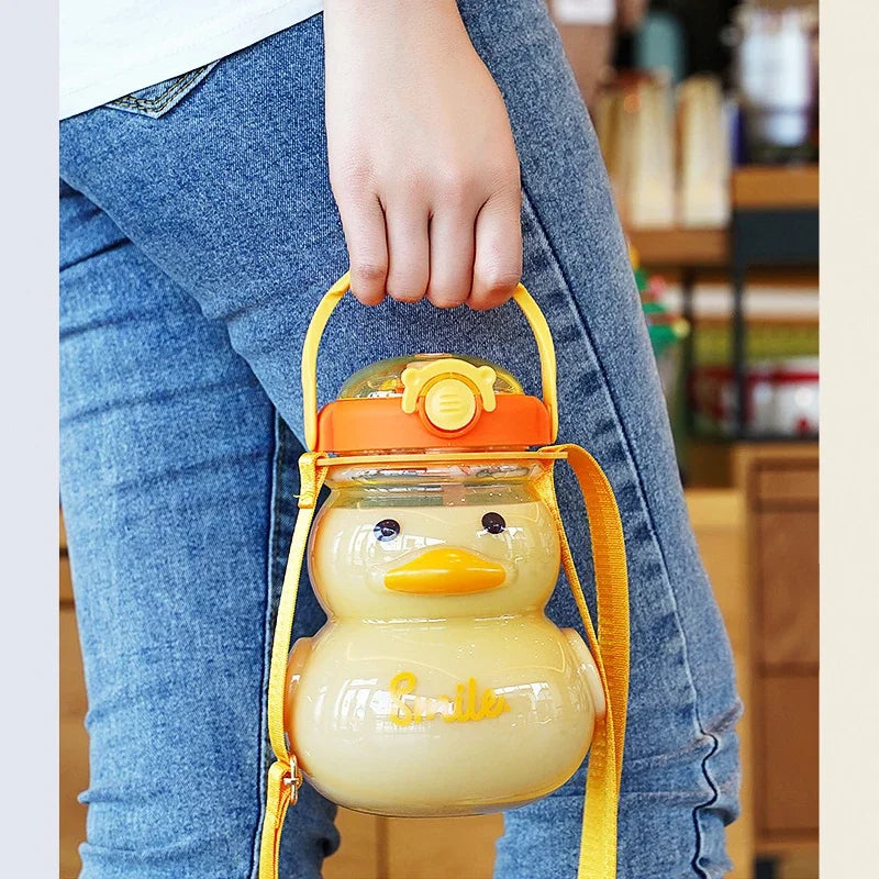 1000ML Cute Duck Water Bottle With Straw Kawaii Kids Water Bottles Large Capacity Plastic Straw Cup Drinking Bottle BPA Free - Chic Cart