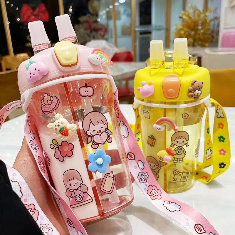 430ml Cute Children Double Drinking Water Bottle Straw Portable Bottle Student Couple Plastic Cup Gift School Kids - Chic Cart