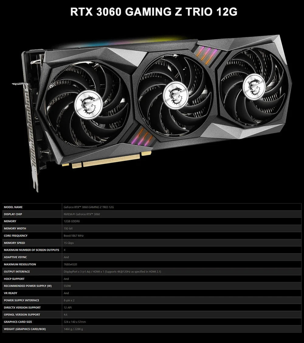 MSI New RTX 3060 RTX 3060 Ti GAMING 8G Graphic Card 256bit 8GB 12GB GDDR6X RTX3060 GDDR6 192bit Video Cards placa de vídeo