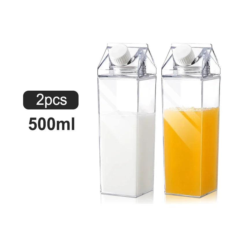 2pcs Milk Carton Water Bottle Transparent Plastic Square Milk Orange Juice Tea Container Box Sport Cup for Sports Travel Camping - Chic Cart