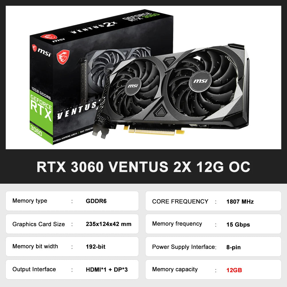 MSI New RTX 3060 RTX 3060 Ti GAMING 8G Graphic Card 256bit 8GB 12GB GDDR6X RTX3060 GDDR6 192bit Video Cards placa de vídeo