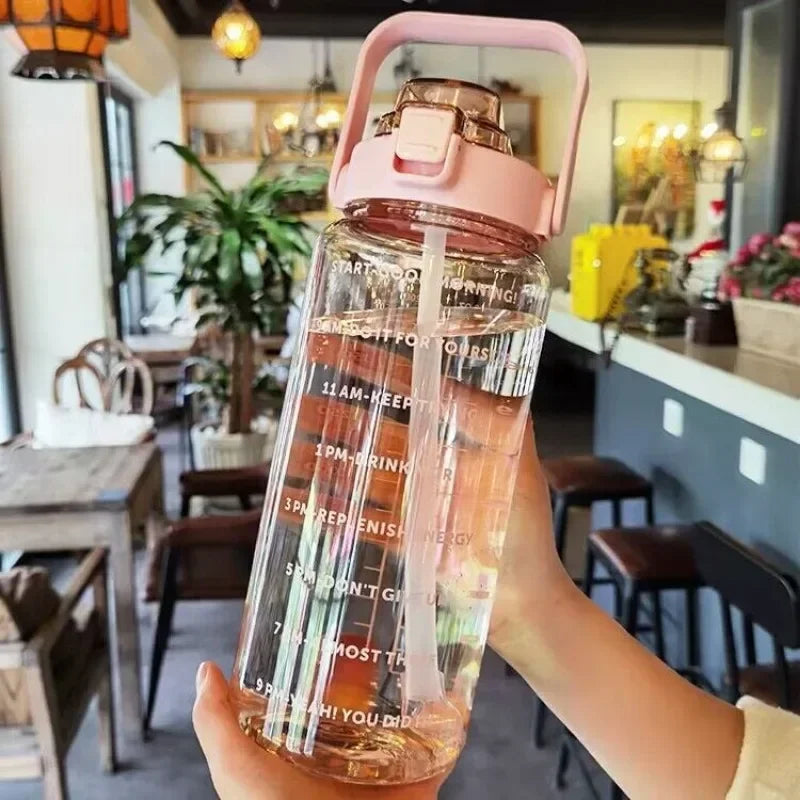 2L Sports Water Bottle Large Capacity Plastic Water Cup Portable Drink Bottle with Time Marker for Outdoor Sports Fitness Kettle - Chic Cart