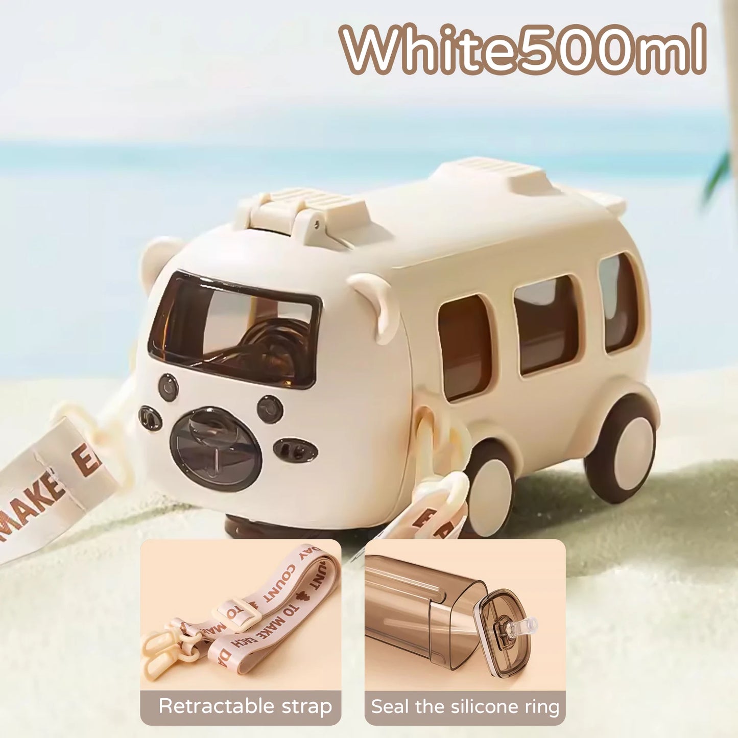 500ml Cute Bear Portable Water Bottle With Shoulder Strap Kid Car Straw Water Cup Bus Shape Children's Water Bottle Drinking Cup - Chic Cart